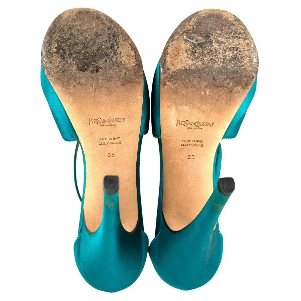 Saint Laurent Paris Turquoise Satin Tribute Cross Strap Platform Sandals Size 35 - Picture 10 of 11